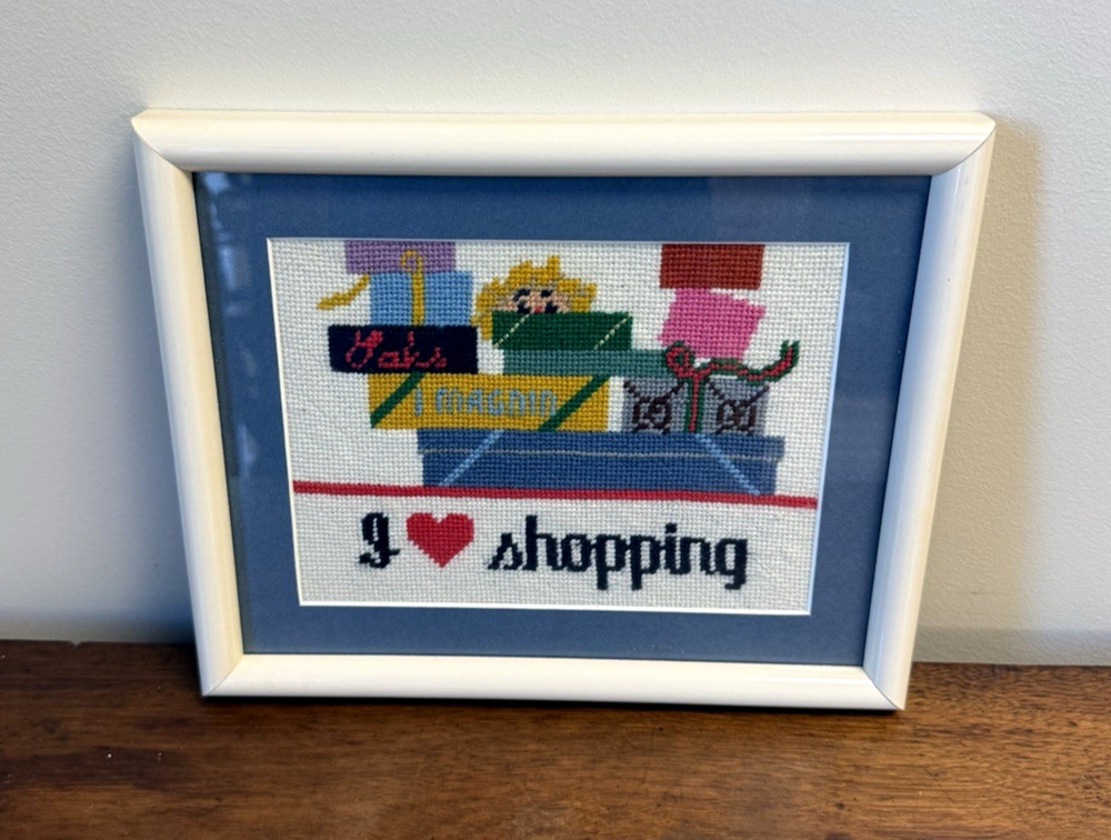 Vintage I Love Shopping Needlepoint Framed Wall Art Saks Macy's 11x9